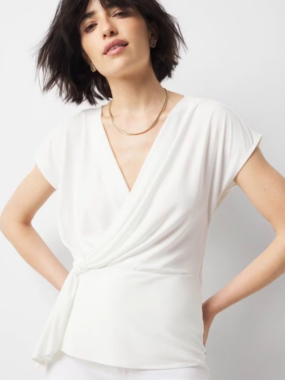 White House Black Market Cream Surplice Knot Top Matte Jersey - Size M